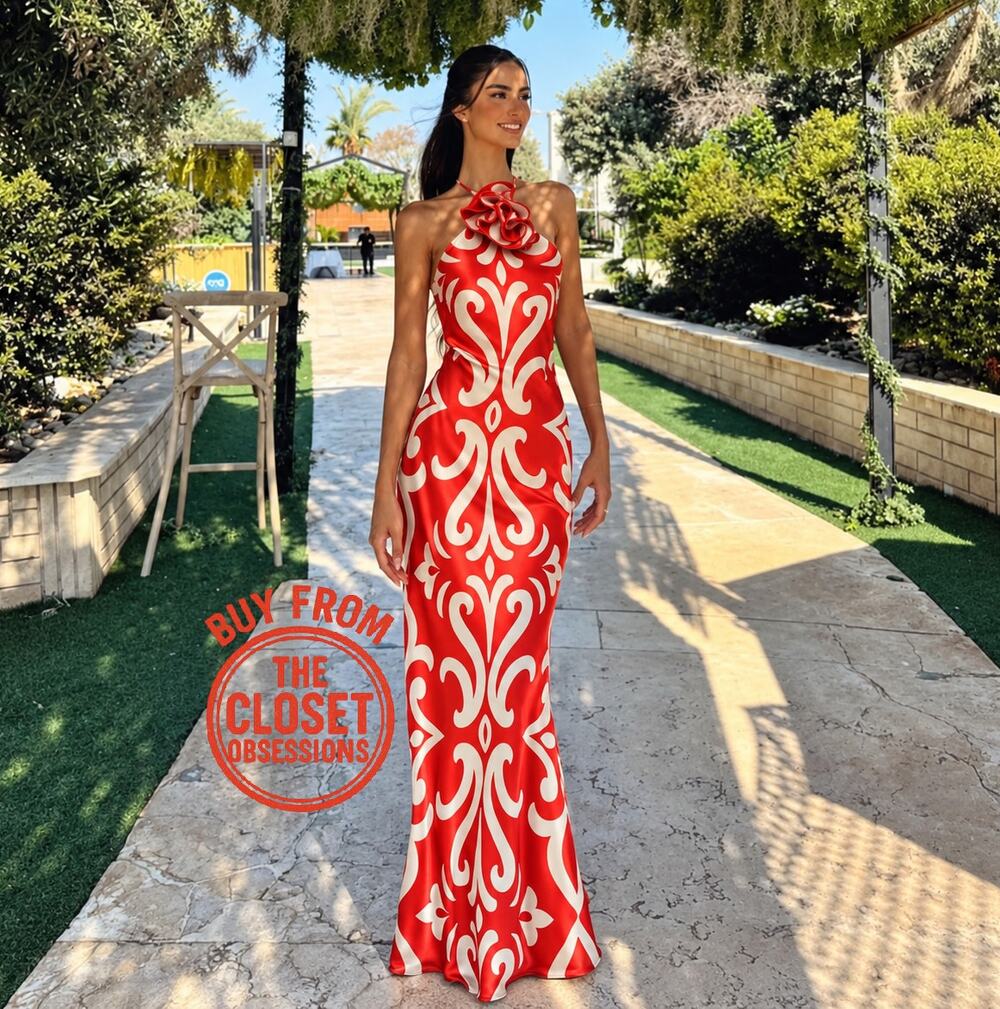 MANGO Red White Rosette Halter Maxi Dress Open Back Resort Vacation NWT